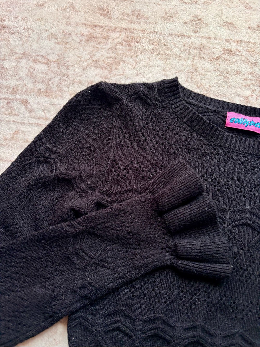 Edikted Black Eyelet Knit Crewneck Sweater